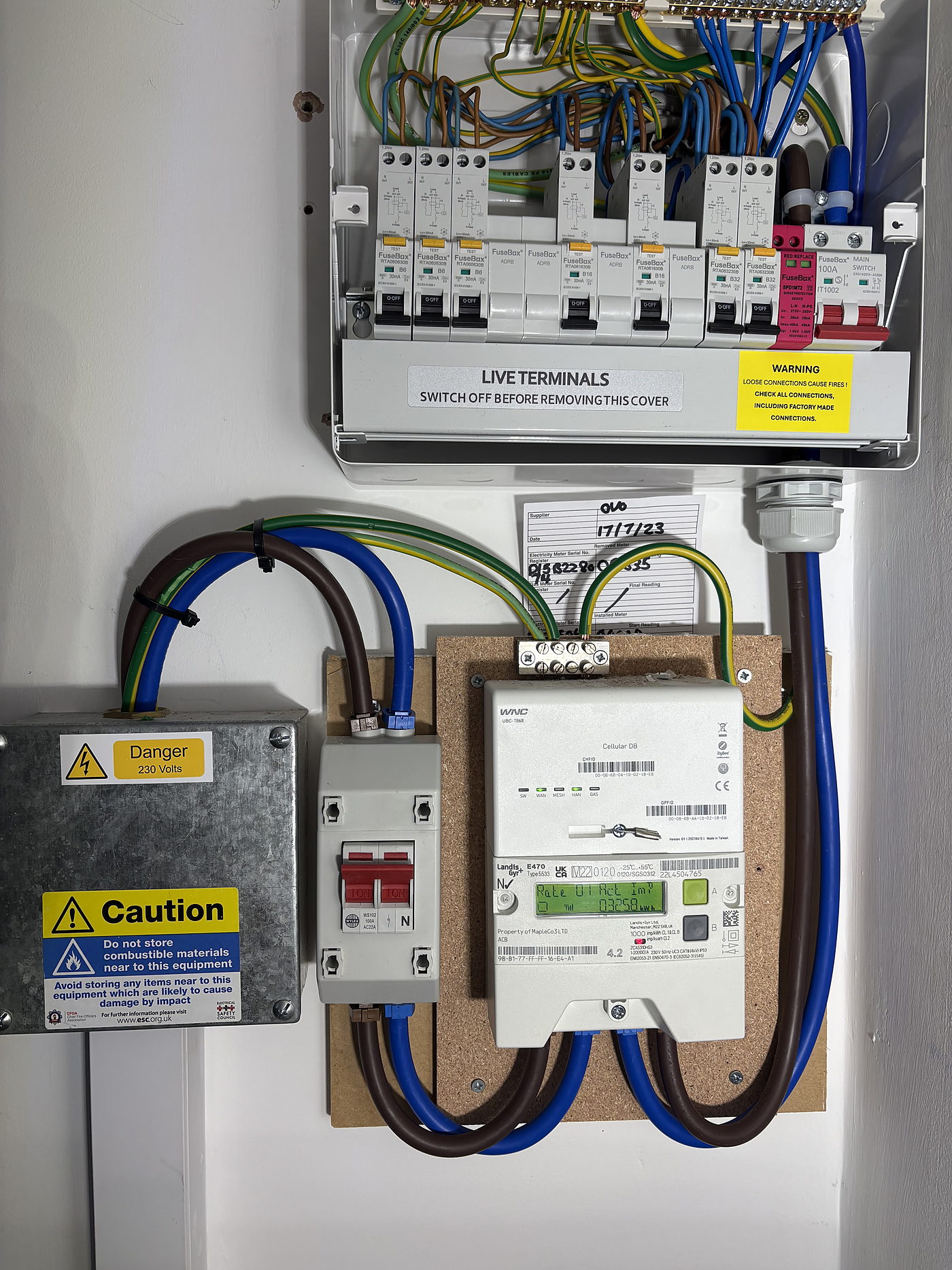 Consumer unit, isolator and meter tails mounted on a board
